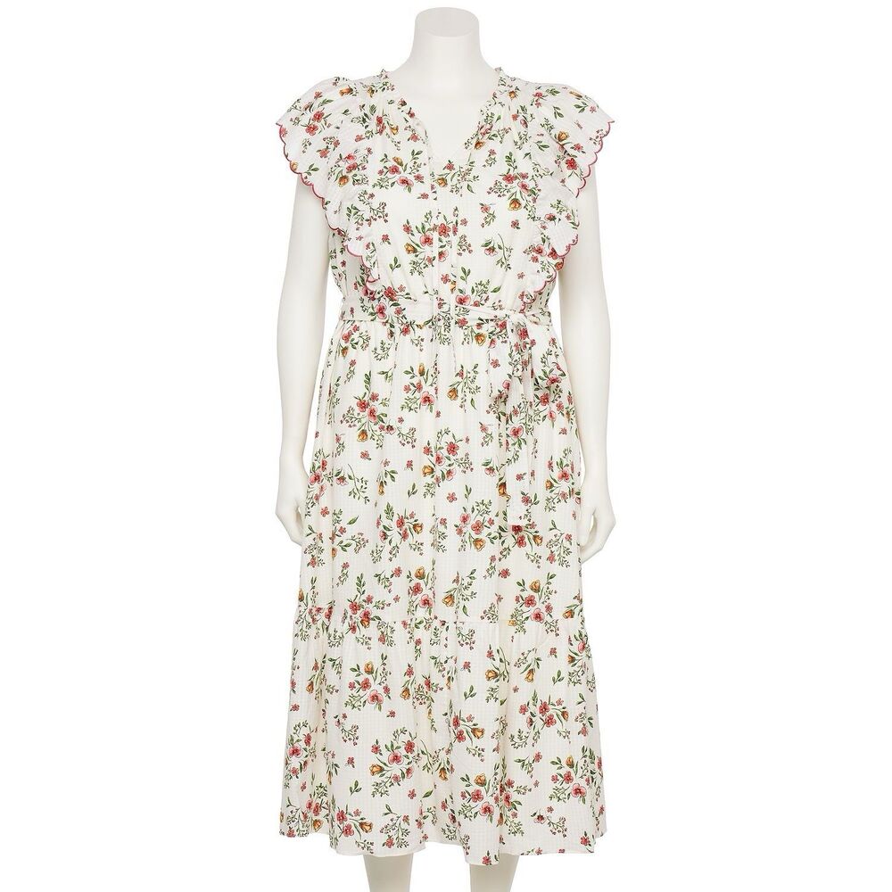 Floral Ruffle Midi Dress in Ivory with Pink & Green Print